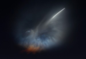A SpaceX launch of a Falcon 9 rocket from Vandenberg Air Force Base lights up the sky 250 miles north for this view from Mount Hamilton, east of San Jose, Calif., Sunday, Oct. 7, 2018. (Karl Mondon/Bay Area News Group)